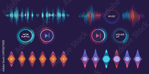 Abstract music visualization with waveforms buttons and equalizer elements