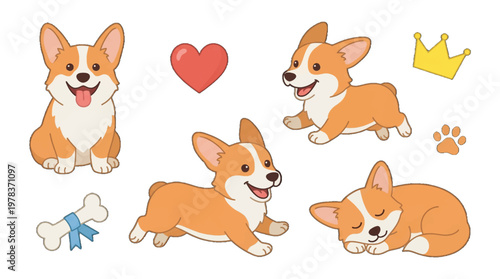Cute corgi characters in different poses and activities with hearts and bones in a fun design