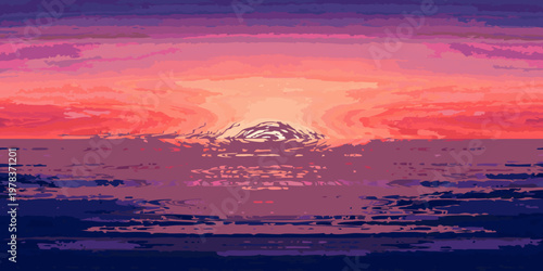 Vibrant sunset over the ocean with silhouetted landmass and reflections
