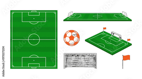 Soccer field layout and game elements shown in green and orange colors for training and planning activities in sports