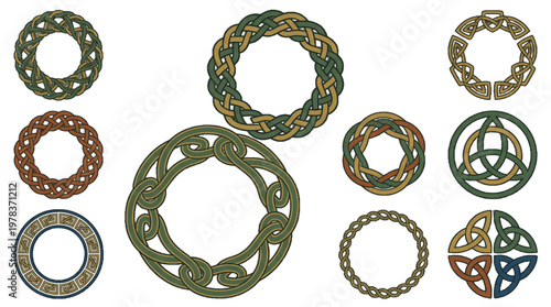 Celtic knot designs displayed in various shapes and colors on a plain background for artistic inspiration