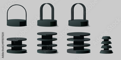 Minimalist black geometric displays and risers on a gray background