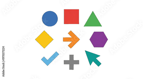 Shapes and symbols arranged in a circle with bright colors and distinct designs