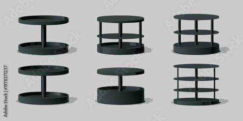 Six black cylindrical and tiered display stands on a gray background
