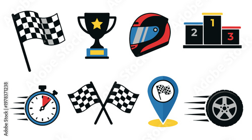 Racing symbols include checkered flags, trophies, helmets, and podiums showcasing the excitement of motorsport events