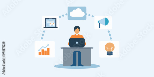 Person working on a laptop with connected digital icons around them