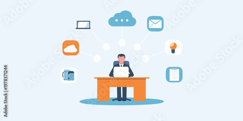 Man working at a desk surrounded by digital communication icons