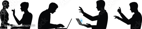 Human robot collaboration, digital remote work, wireless connectivity, augmented reality communication technology silhouettes vector illustration for modern innovation concepts