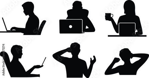 Laptop and tablet silhouettes, modern digital lifestyle poses, remote work relaxation, online communication vector illustration for technology culture concepts