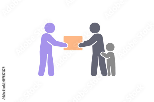 People sharing a package with a child in a simple illustration during a community exchange event