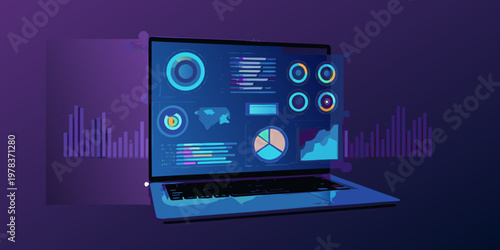 Laptop displaying data visualization including charts and world map graphics