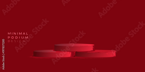 Red cylindrical podiums on a solid red background minimalist design