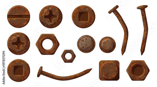 Collection of rusty screws and bolts on a white background showing various shapes and sizes used in different applications