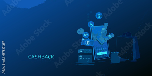 Digital cashback rewards and online shopping concept with smartphone illustration