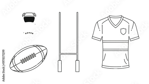 Rugby Gear: A minimalist illustration of essential rugby equipment including a rugby ball, goalpost, jersey, and a protective headgear representing the core elements of the sport.