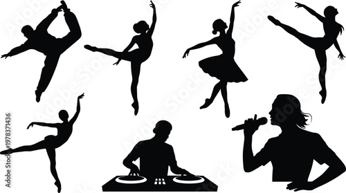 Silhouettes of dancers, DJ, and singer performing expressive ballet, music, and vocal art showcasing creativity