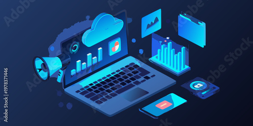 Isometric illustration showcasing digital marketing and data analytics concepts