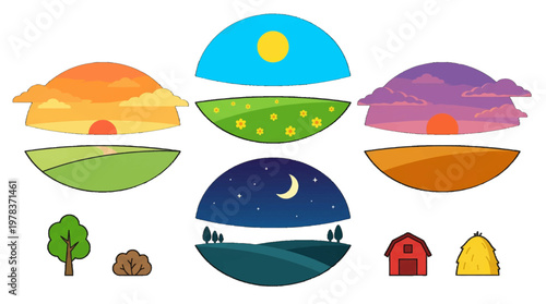 Different times of day and seasons shown in simple designs featuring sun, moon, and nature scenes