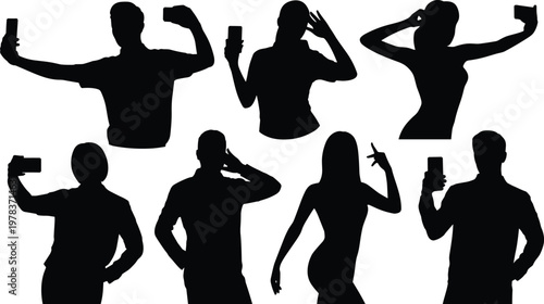Smartphone selfie silhouettes, modern social media culture, digital communication poses, mobile photography lifestyle vector illustration for online networking concepts