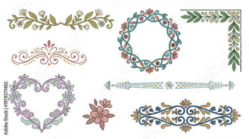 Decorative floral elements for design projects and creative works in various styles and colors