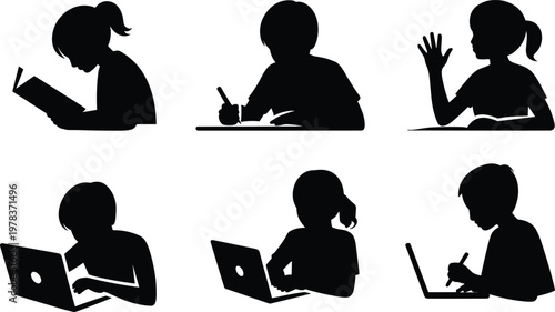 Student silhouettes studying, reading, writing, raising hand, using laptops, digital learning, education icons, classroom activities, online study illustration