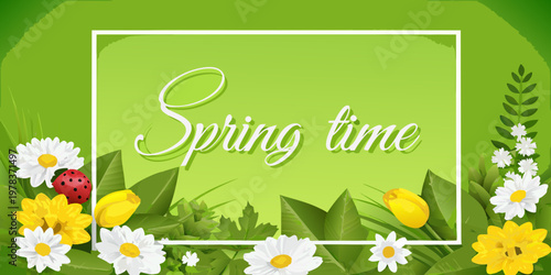 A vibrant spring time illustration with flowers a ladybug and text