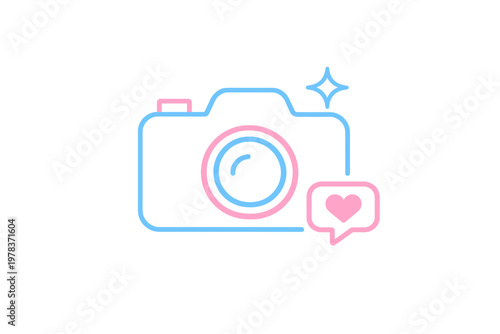 A minimalist flat outline icon of a camera in light blue and pink