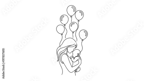 Mother and child with balloons. Continuous line style. Hand drawn. Line art. Vector design. illustration