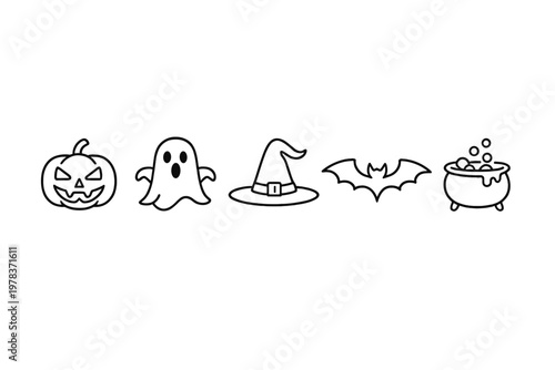 Halloween symbols including pumpkin, ghost, witch hat, bat, and cauldron display for seasonal decoration ideas