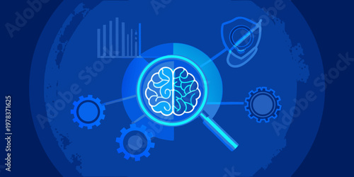 Artificial intelligence concept with a glowing brain and data visualizations
