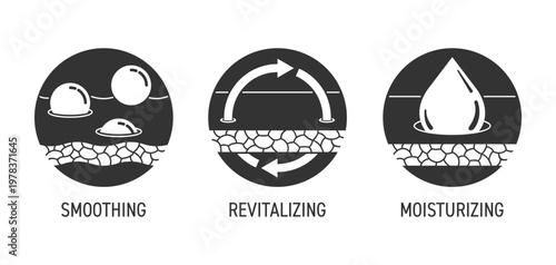 Reducing wrinkles, moisturizing, revitalizing - icons set in monochrome style