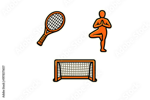 Tennis racket, yoga pose, and soccer goal show different sports activities and practices at a community event