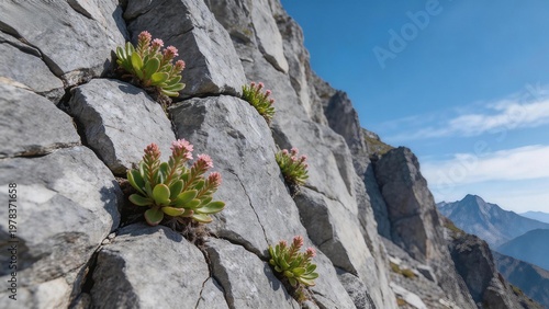 Flowers growing on rocky cliff