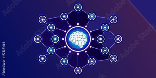 Artificial intelligence network with a central brain illustration