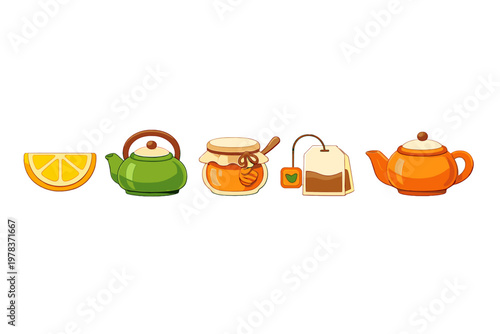 Different drinks and ingredients for making tea with lemon, honey, and teabags in various containers