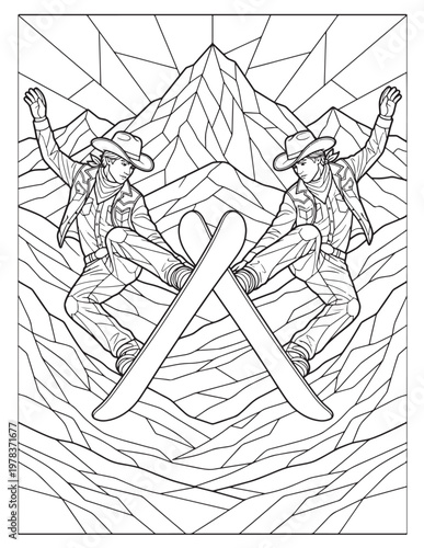 Black and white illustration of two cowboys snowboarding down a mountain with a geometric stained glass style background and a pure white background