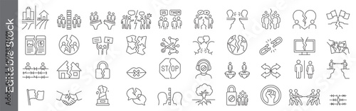 Social polarization, conflict, division and separation icon set – editable outline symbols of disagreement, border, protest, broken relationship, and social issues