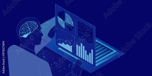 Human profile interacting with a digital interface displaying brain data