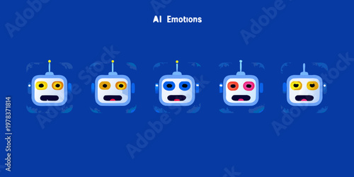 A row of robotic faces displaying various emotional expressions