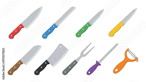 Different types of kitchen knives and tools arranged in a line with colorful handles for easy identification and use in cooking tasks