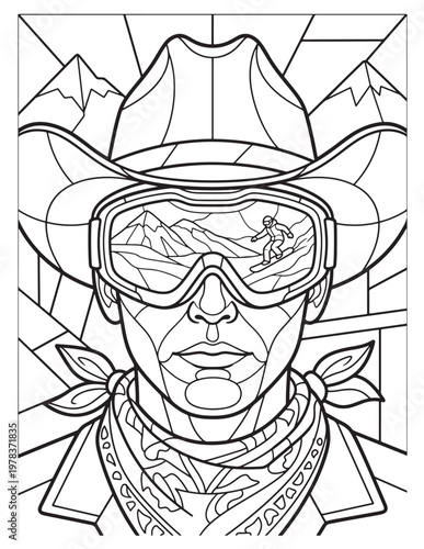 Black and white stained glass style illustration of a cowboy wearing ski goggles with a mountain landscape reflected in the lenses, set against a geometric background with mountains.