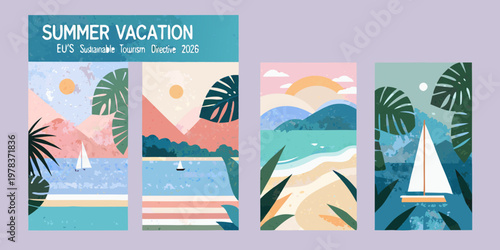 Colorful summer vacation themed graphic with tropical and coastal scenes