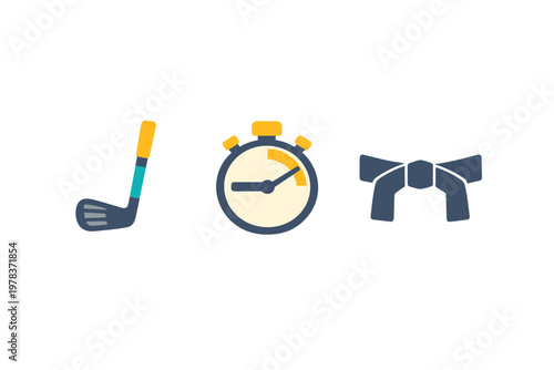 Golf club, timer, and belt displayed together to represent sports and competition time