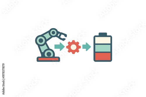 Robot arm working with gear and battery in a factory setting during a daytime shift