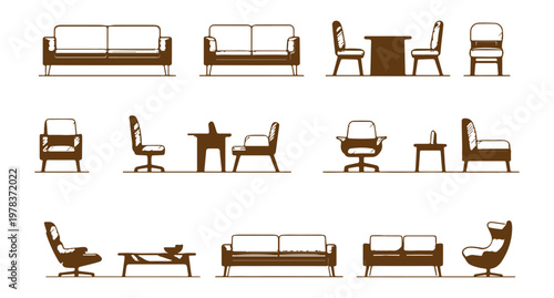 Furniture Silhouette Vector Icons Sofa Chair Table Interior Set