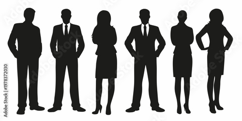 Group of six silhouetted business professionals standing in a row