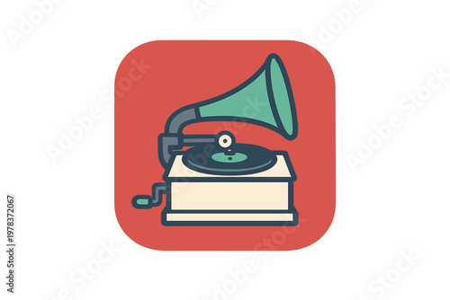 Vintage gramophone on a red background with a green horn used for playing music from records