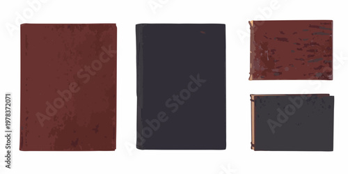 A collection of four vintage books with textured covers are displayed