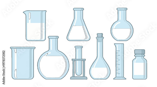 Various glass laboratory containers used for scientific experiments and measurements in a lab setting