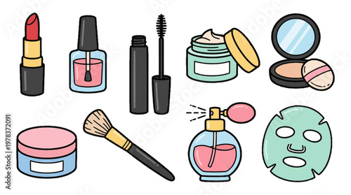 Makeup tools and products in a flat lay showing items for beauty routines